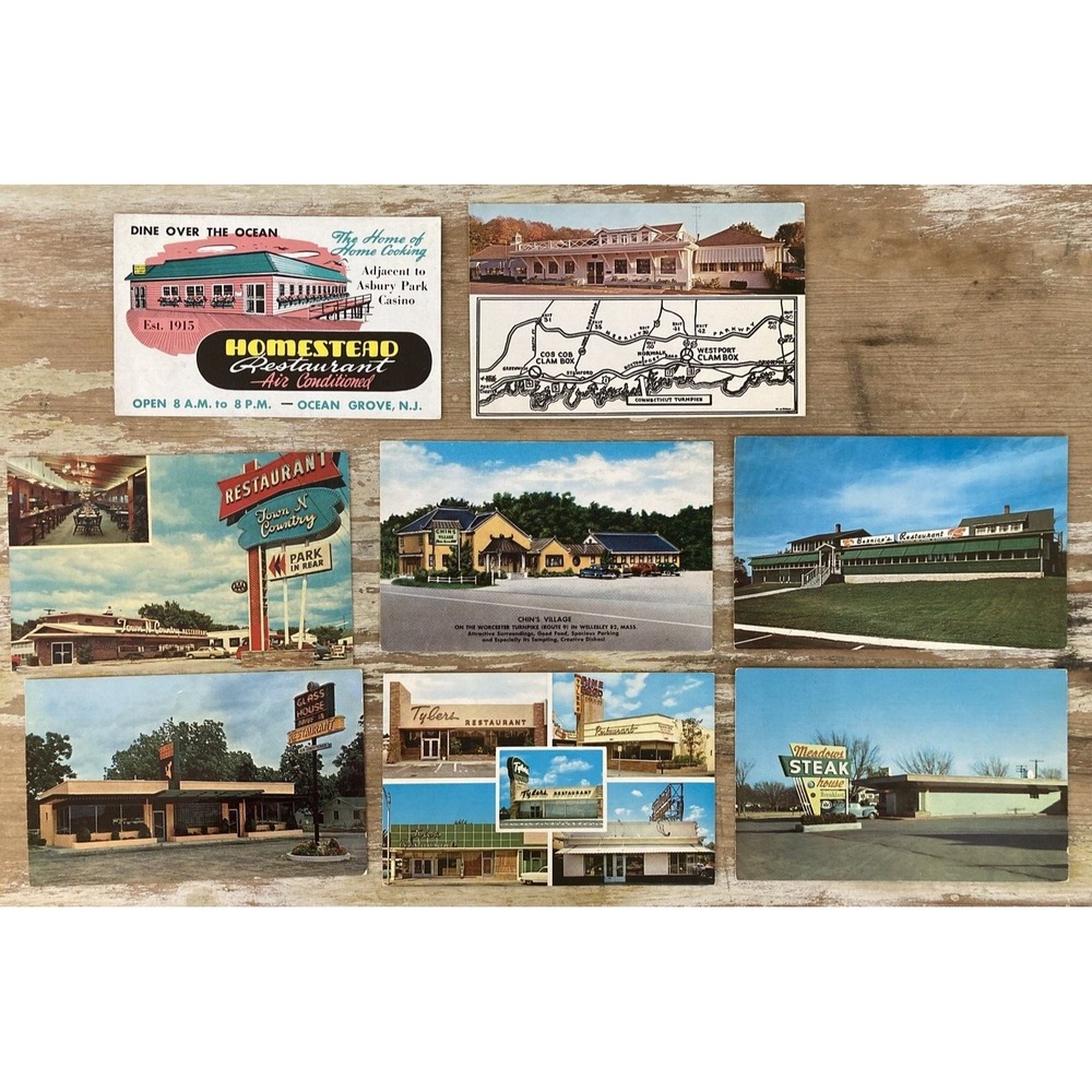 Vintage restaurant postcards Clam Box CT Homestead NJ Glass House FL 1950's